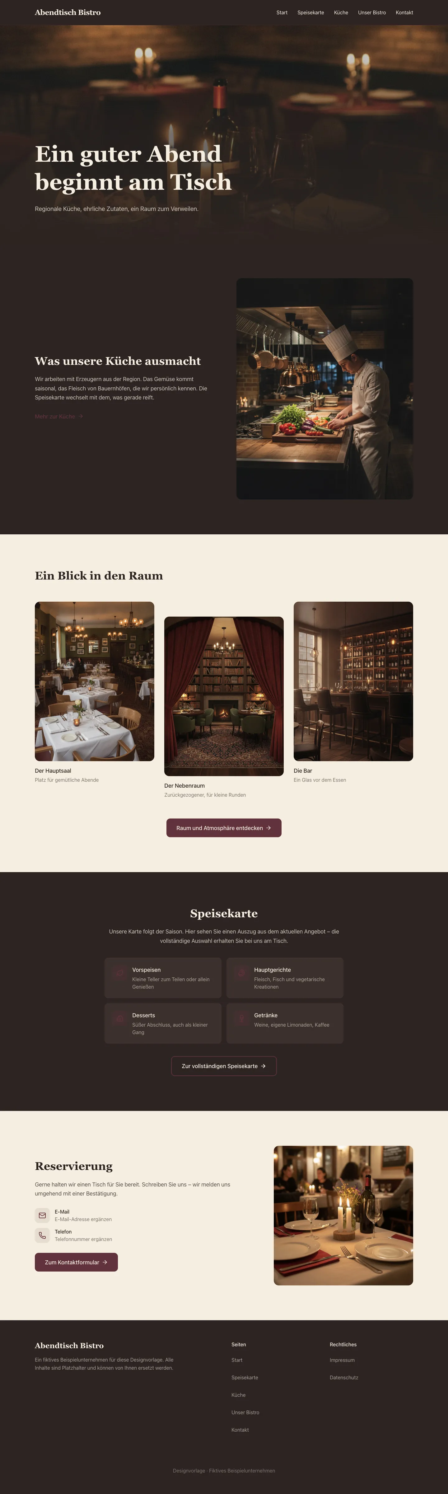Vollständiger Aufbau der Startseite von Abendtisch Bistro