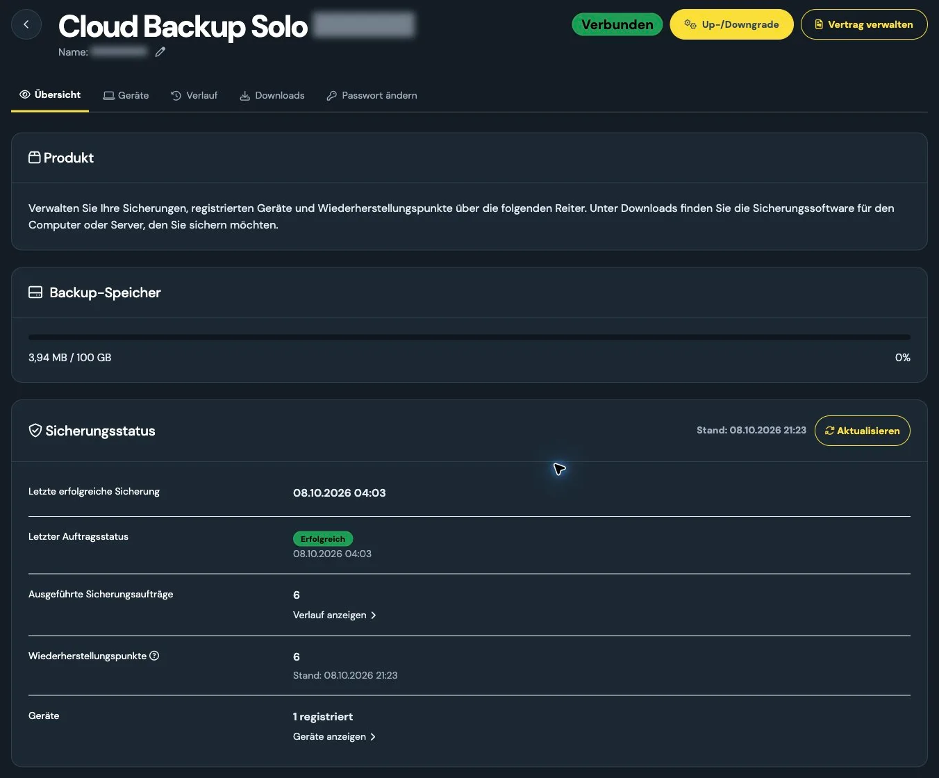 Cloud Backup im Kundenmenü mit Speicherbelegung und Sicherungsstatus sowie unkenntlich gemachtem Kontonamen und Produktnummer