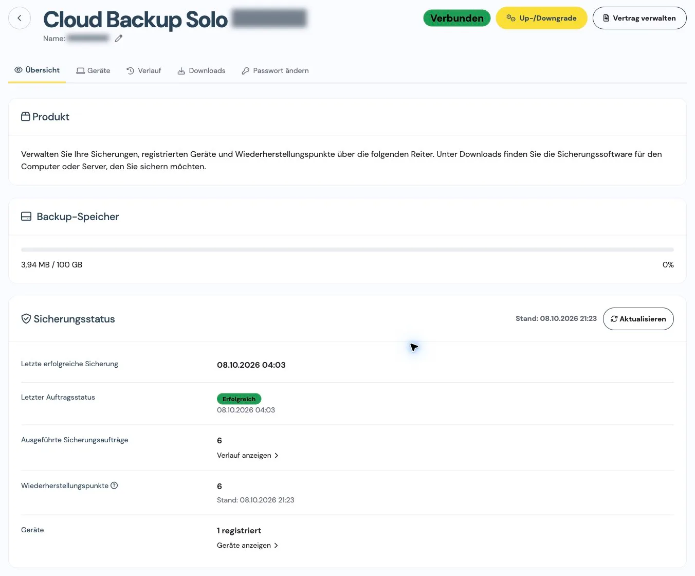 Cloud Backup im Kundenmenü mit Speicherbelegung und Sicherungsstatus sowie unkenntlich gemachtem Kontonamen und Produktnummer