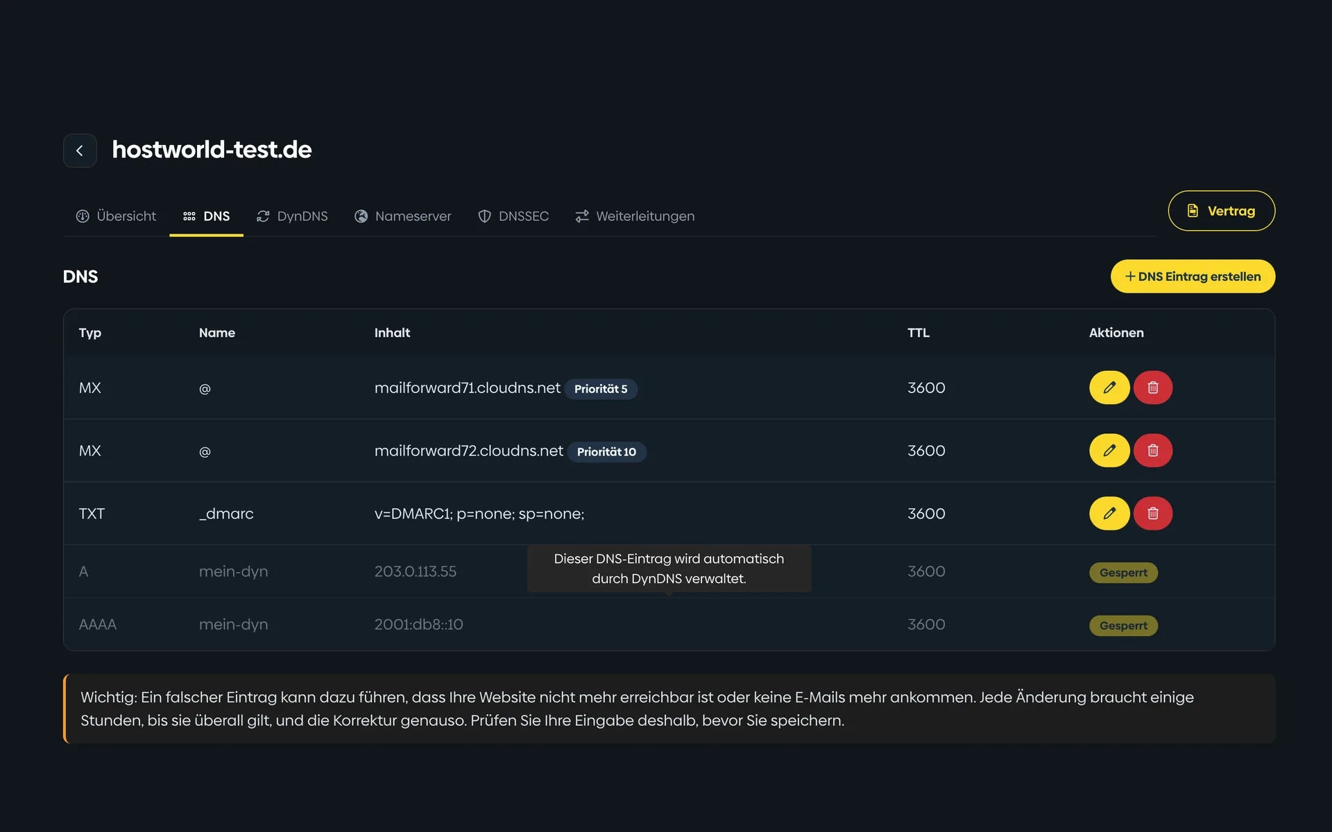 DNS-Verwaltung im Kundenmenü mit einer Tabelle aus MX-, TXT-, A- und AAAA-Einträgen samt Gültigkeitsdauer