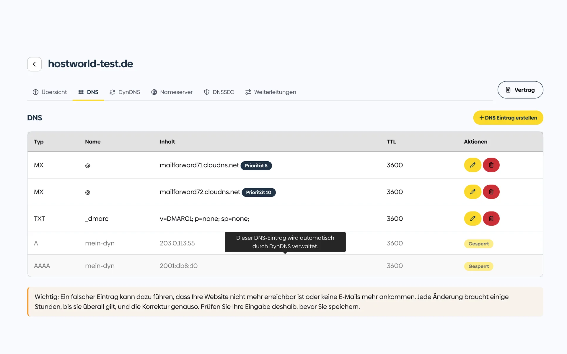 DNS-Verwaltung im Kundenmenü mit einer Tabelle aus MX-, TXT-, A- und AAAA-Einträgen samt Gültigkeitsdauer