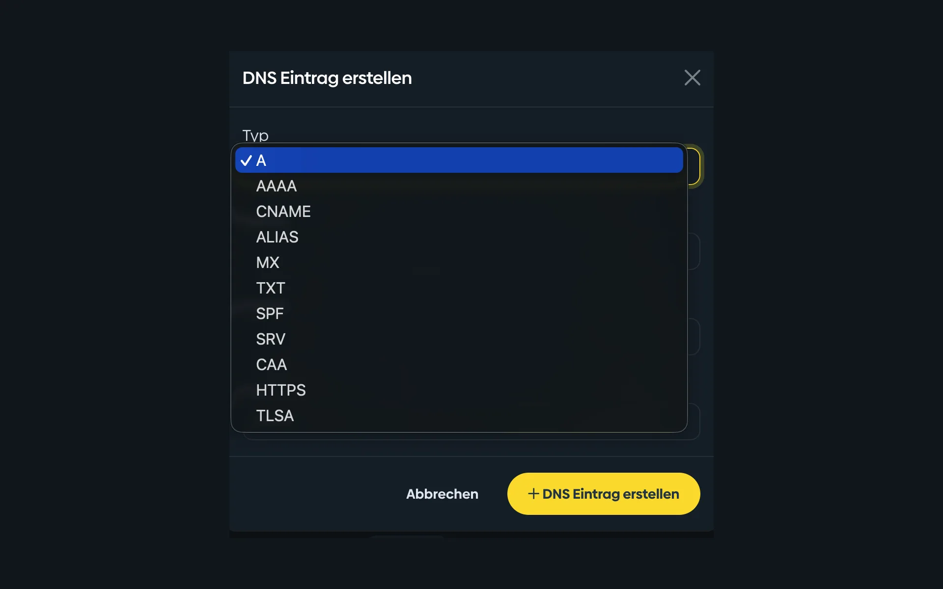 Auswahlliste beim Anlegen eines DNS-Eintrags mit den Typen A, AAAA, CNAME, ALIAS, MX, TXT, SPF, SRV, CAA, HTTPS und TLSA