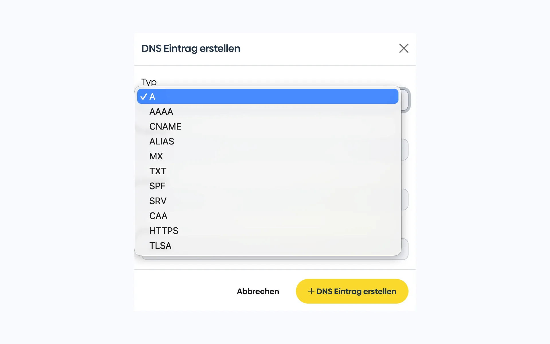 Auswahlliste beim Anlegen eines DNS-Eintrags mit den Typen A, AAAA, CNAME, ALIAS, MX, TXT, SPF, SRV, CAA, HTTPS und TLSA