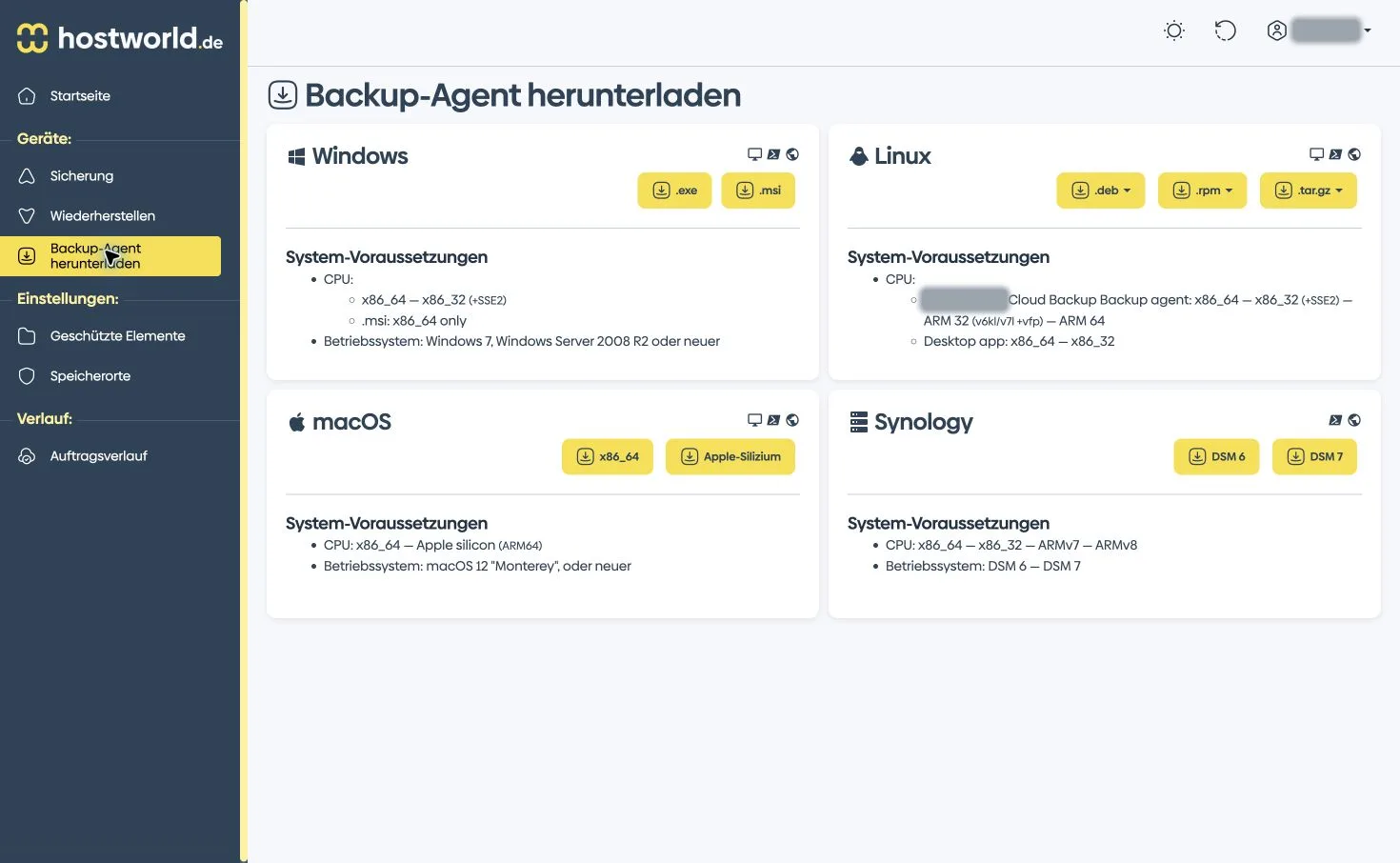 Download-Seite der Cloud-Backup-Software mit Installationsdateien nach Betriebssystem