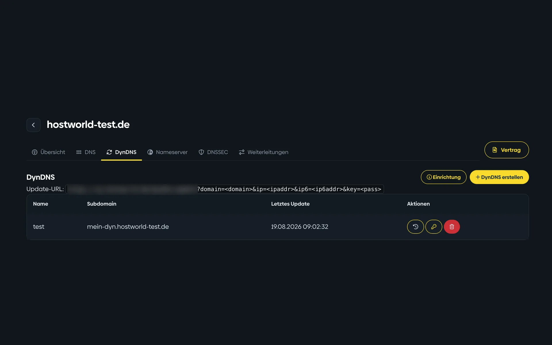 DynDNS-Verwaltung im Kundenmenü mit Update-Adresse, angelegter Subdomain und dem Zeitpunkt der letzten Meldung