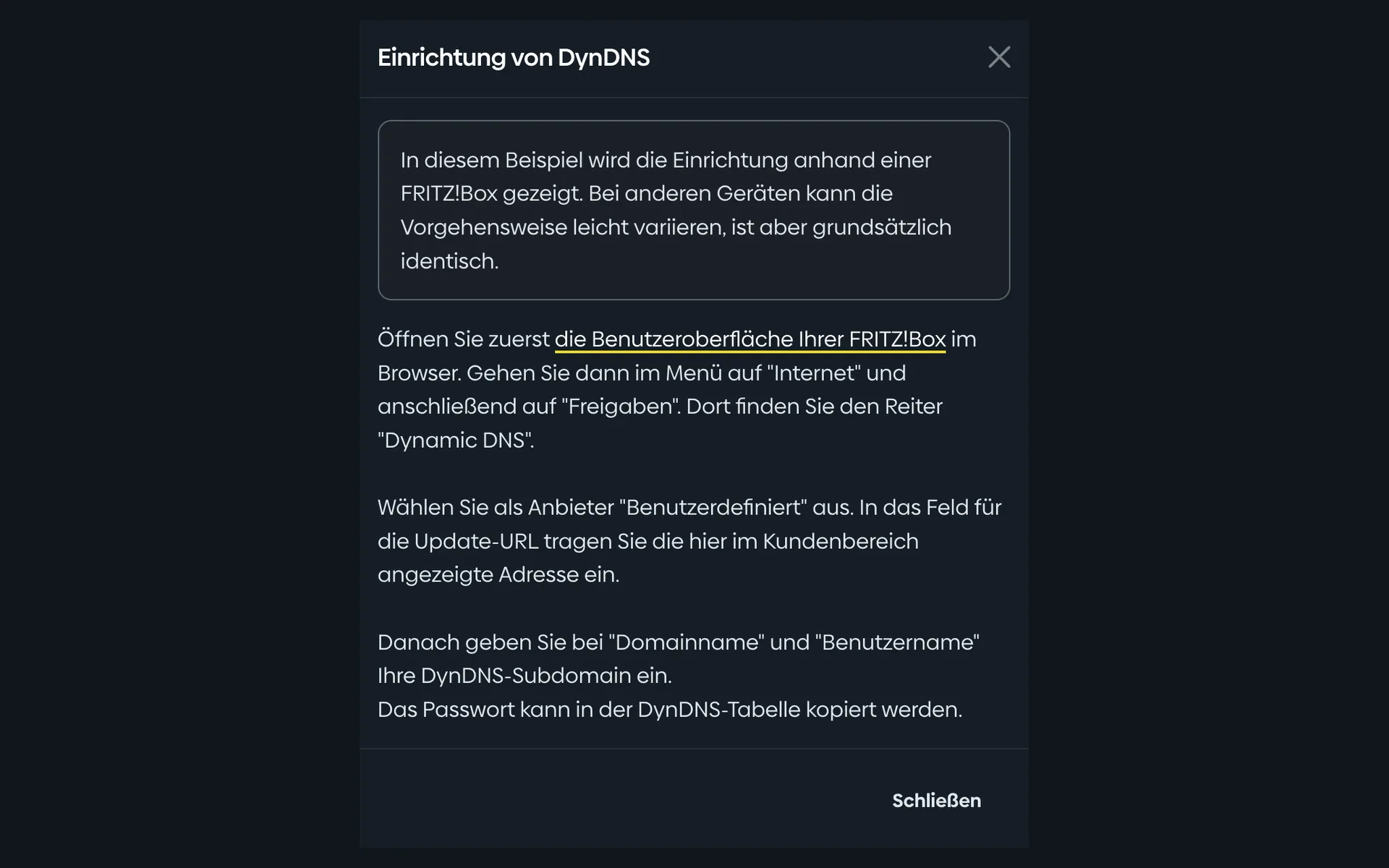 Einrichtungshinweis für DynDNS im Kundenmenü mit einer Schritt-für-Schritt-Anleitung für die FRITZ!Box