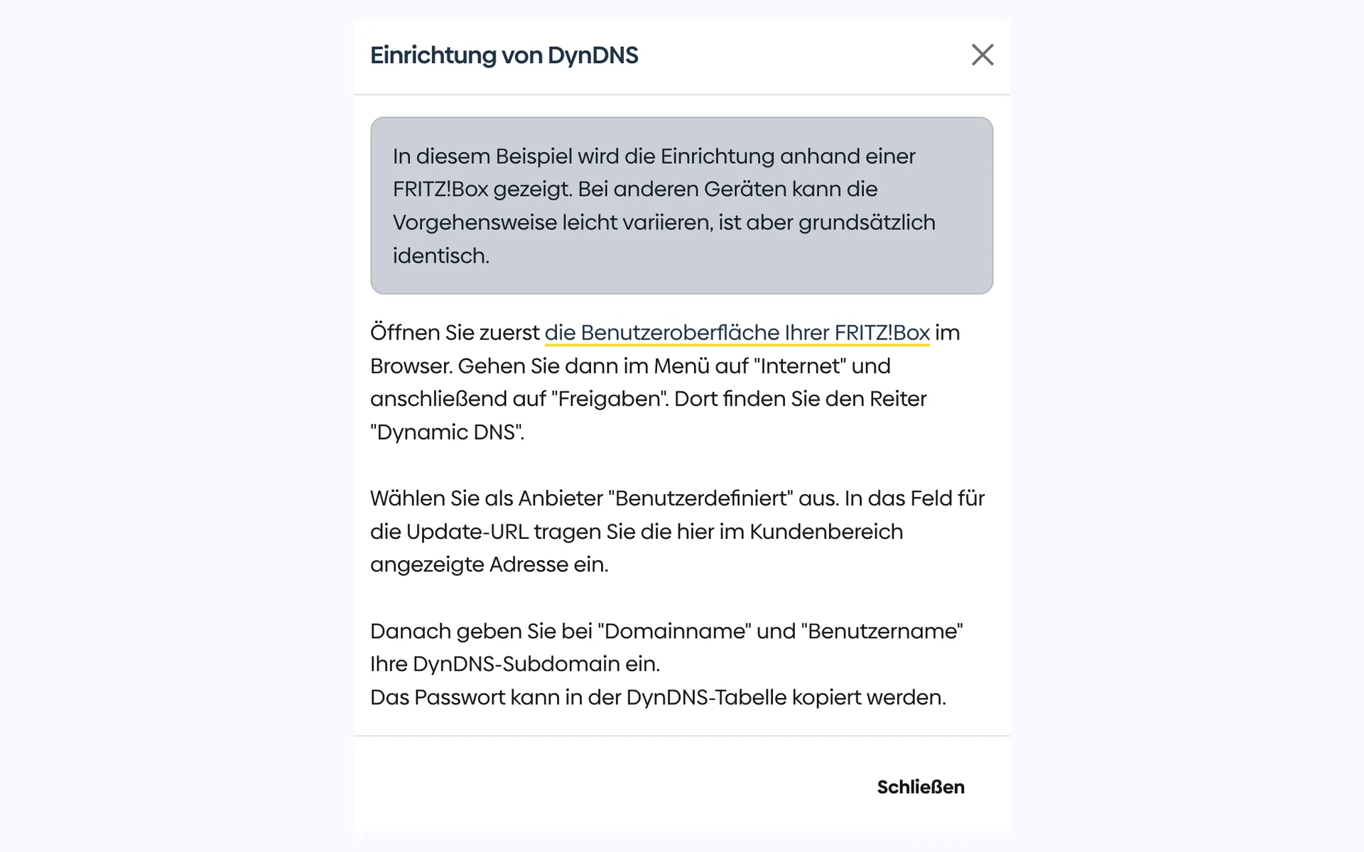 Einrichtungshinweis für DynDNS im Kundenmenü mit einer Schritt-für-Schritt-Anleitung für die FRITZ!Box