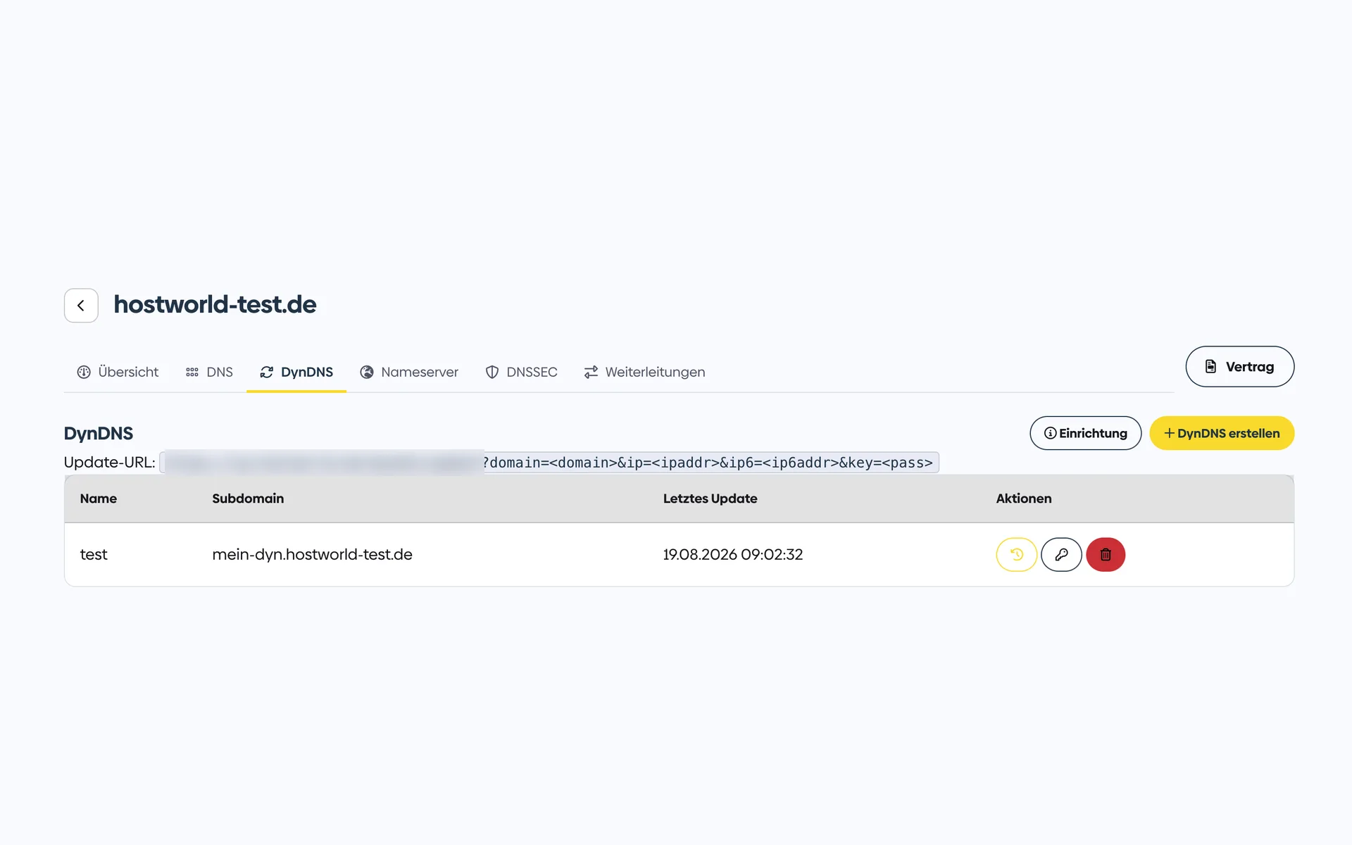 DynDNS-Verwaltung im Kundenmenü mit Update-Adresse, angelegter Subdomain und dem Zeitpunkt der letzten Meldung