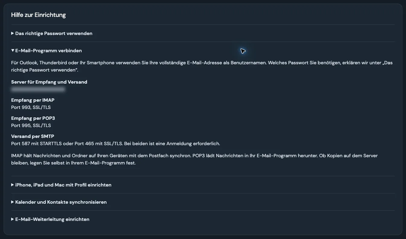 Setup guide with server name, IMAP, POP3 and SMTP settings and further help topics