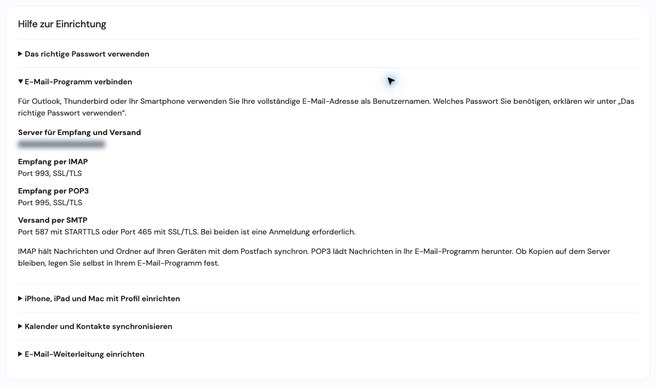 Setup guide with server name, IMAP, POP3 and SMTP settings and further help topics