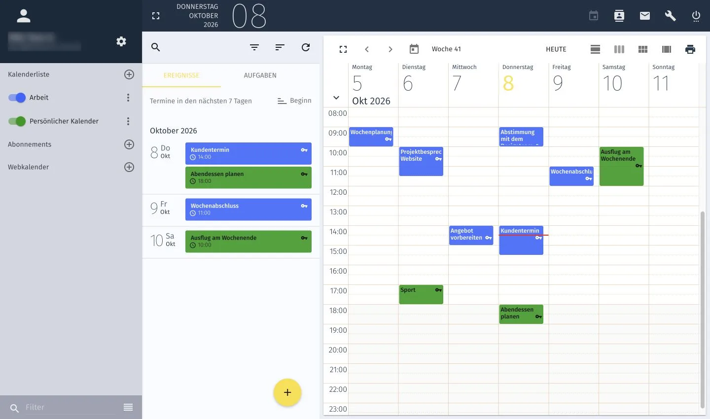 Calendar view in webmail with navigation and appointment planning