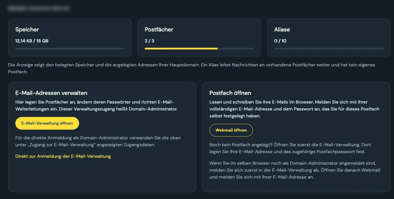 Email plan in the Customer Menu showing storage usage and separate access to administration and webmail