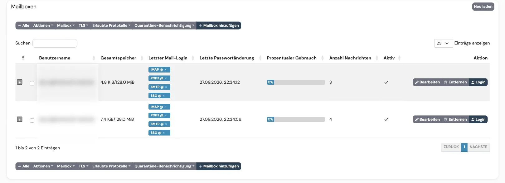 Mailbox administration with obscured email addresses, storage usage and controls to add and edit mailboxes