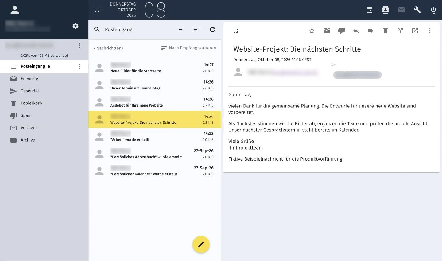 Webmail with a folder sidebar, message overview and controls for writing emails