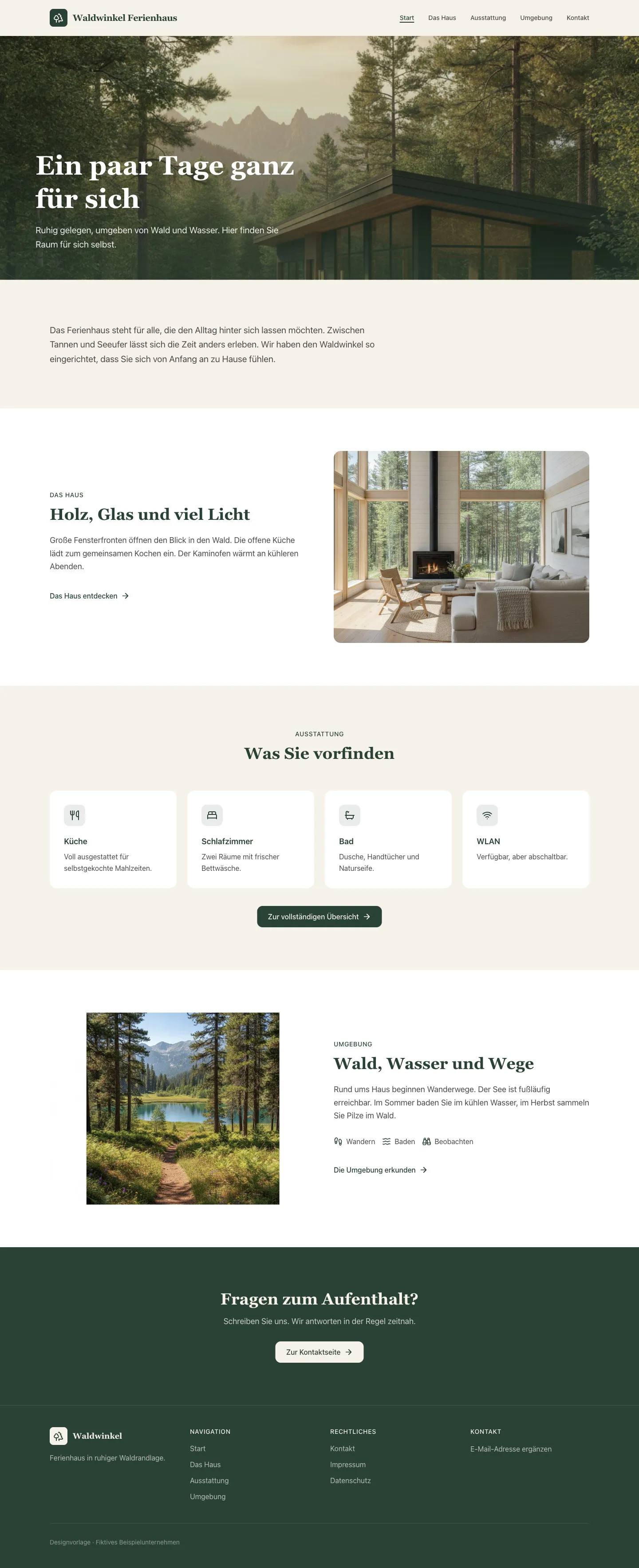 Vollständiger Aufbau der Startseite von Waldwinkel Ferienhaus