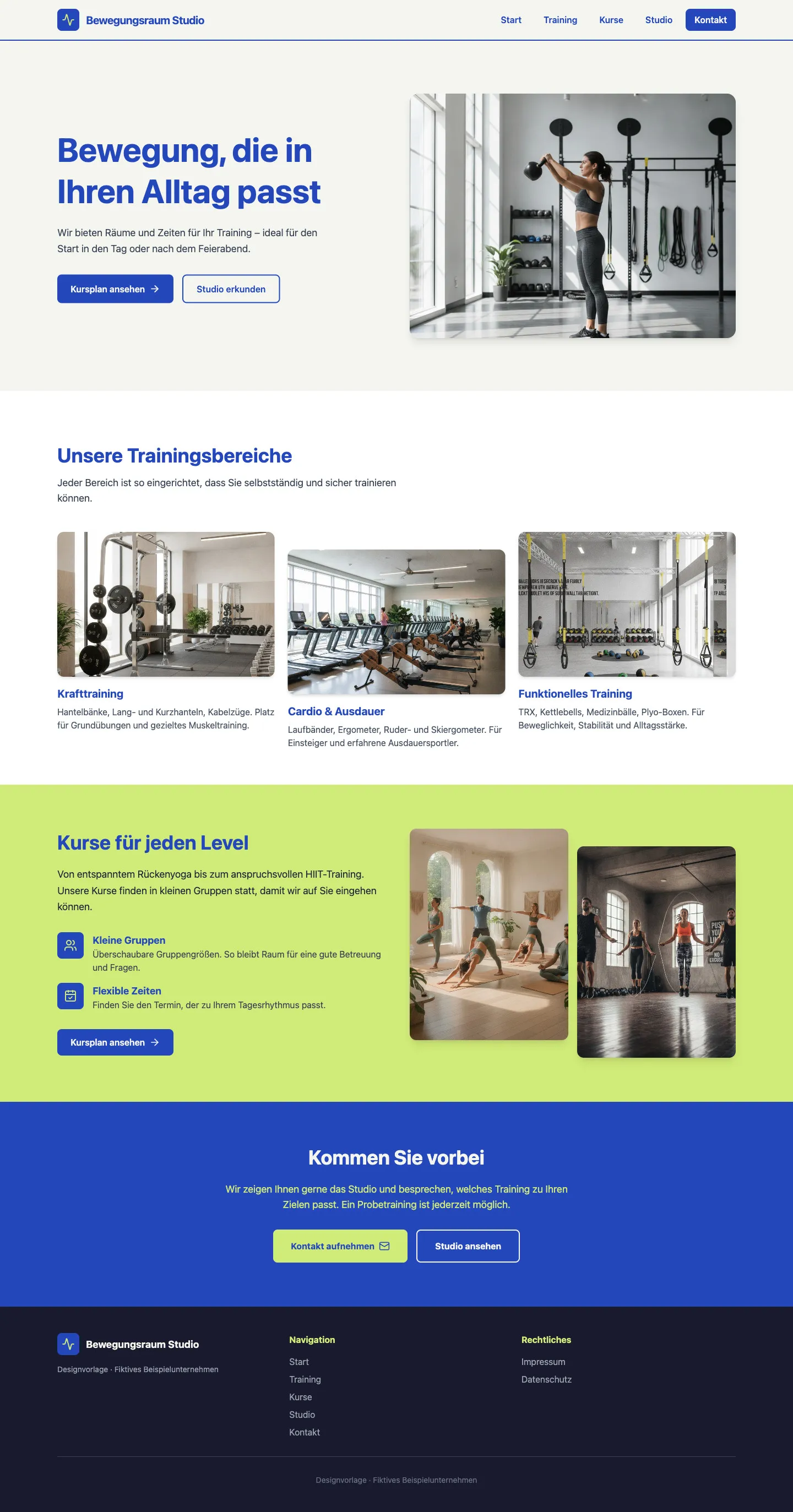 Vollständiger Aufbau der Startseite von Bewegungsraum Studio