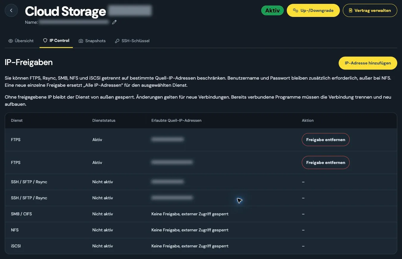 IP access rules with service status and redacted IPv4 and IPv6 addresses