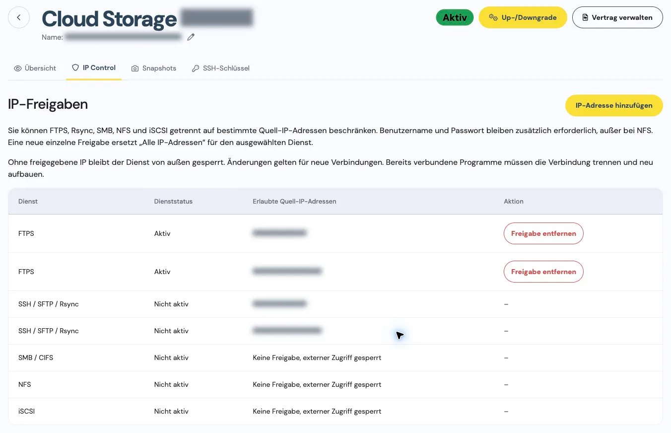 IP access rules with service status and redacted IPv4 and IPv6 addresses