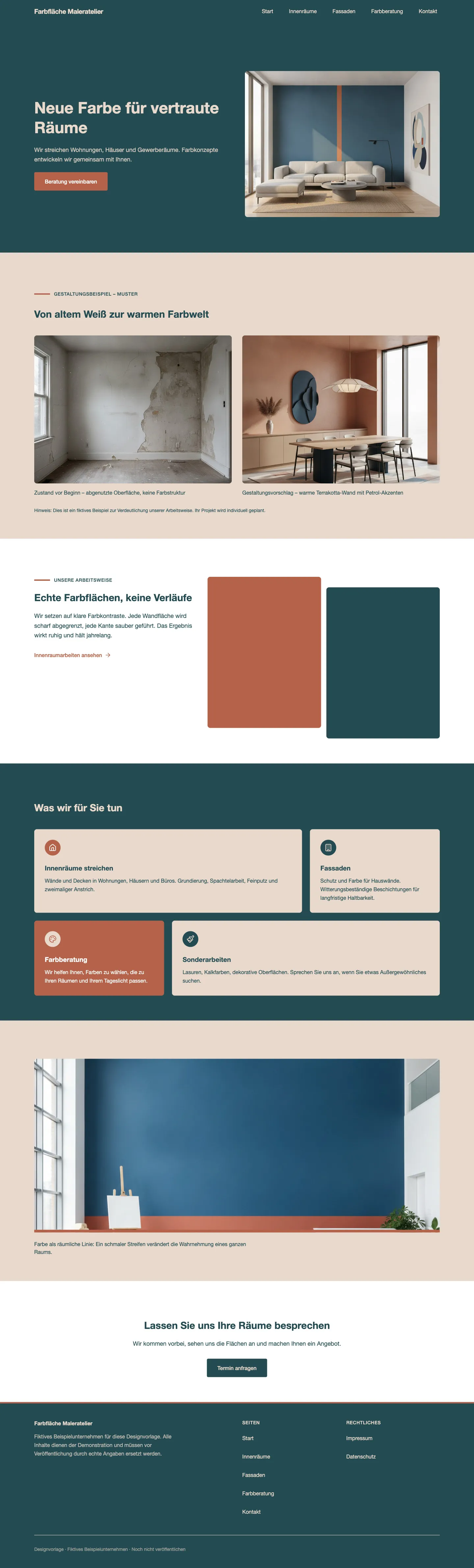 Vollständiger Aufbau der Startseite von Farbfläche Maleratelier