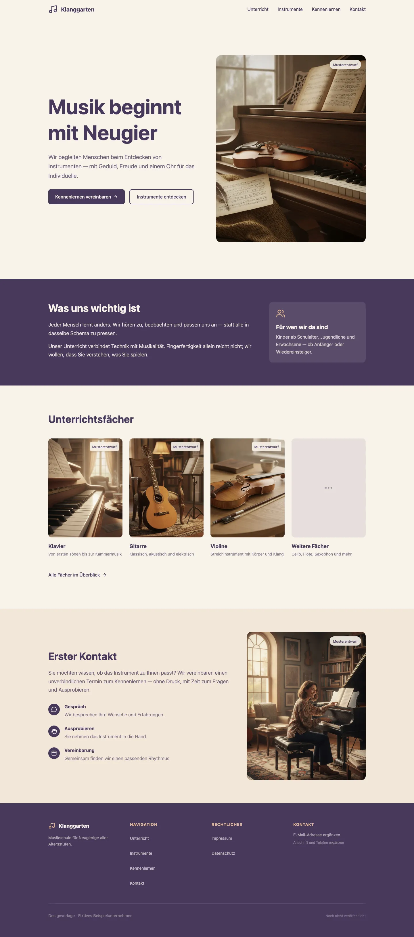Vollständiger Aufbau der Startseite von Klanggarten Musikschule