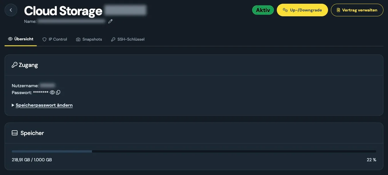 Cloud Storage overview with storage usage and redacted login details