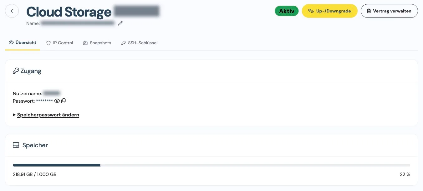 Cloud Storage overview with storage usage and redacted login details