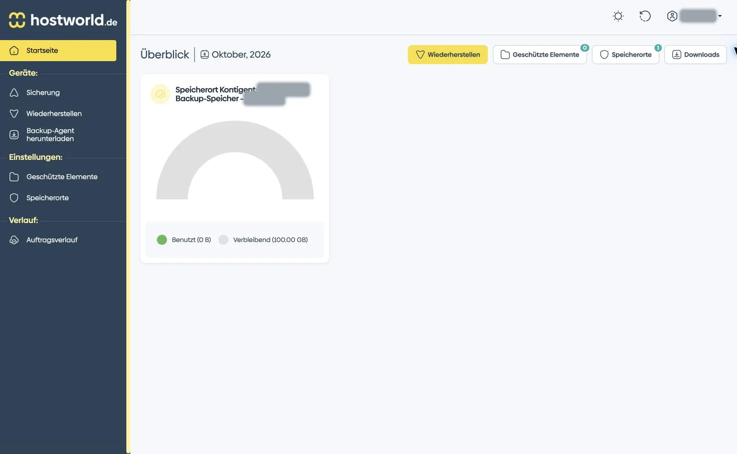 Kundenübersicht im Cloud-Backup-Portal mit Speicheranzeige und verdecktem Kontonamen