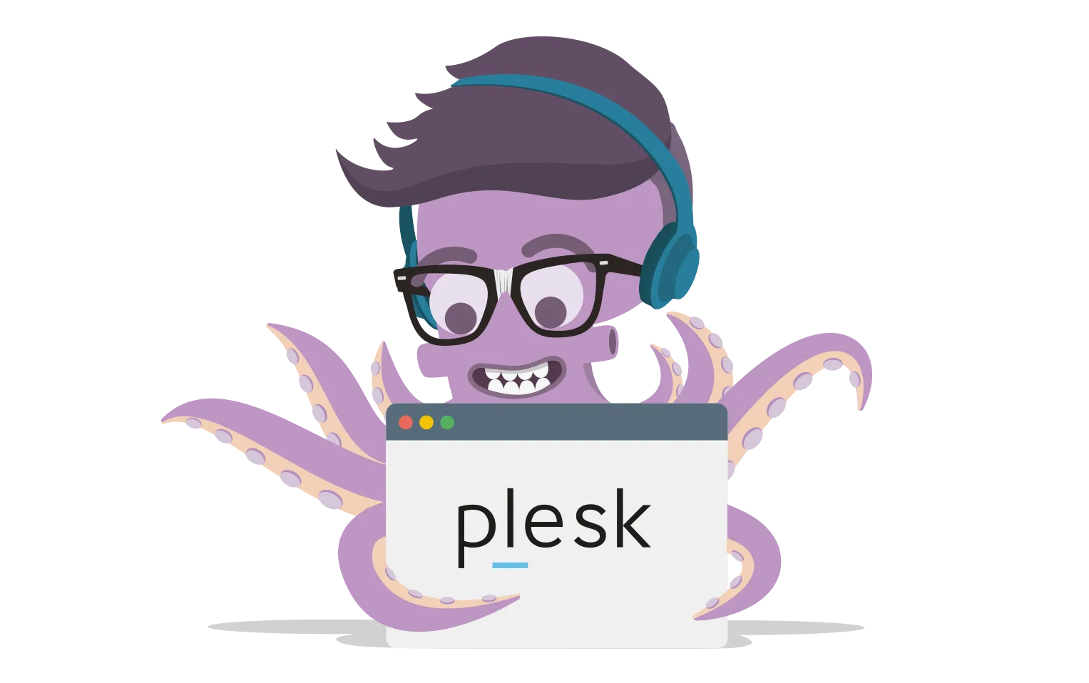 Plesk-Maskottchen – Oktopus mit Browserfenster und Plesk-Logo