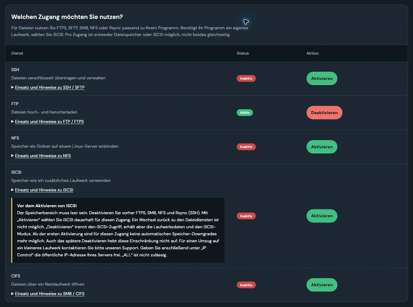 Service management in the customer portal with status indicators and enable and disable buttons