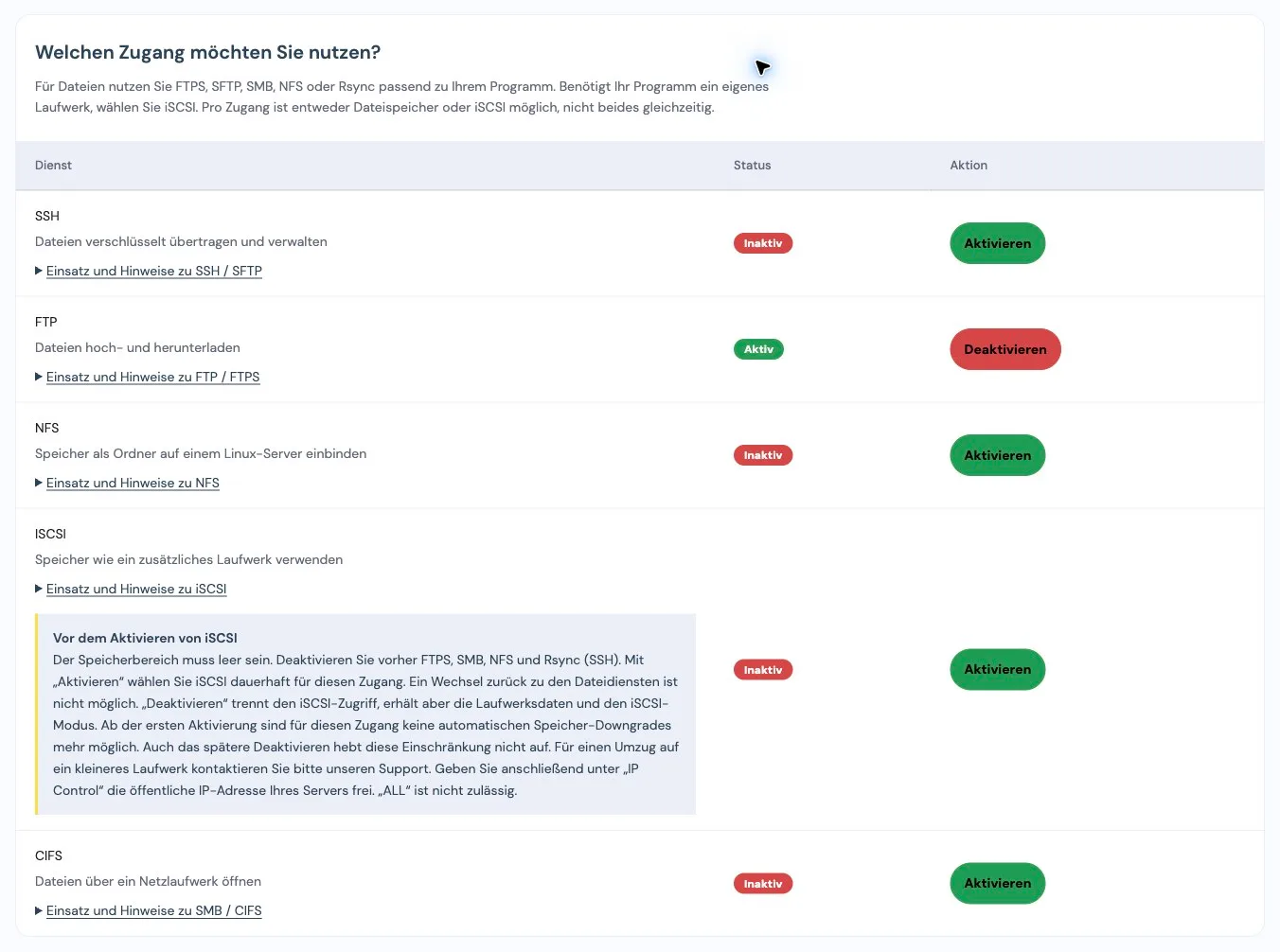 Service management in the customer portal with status indicators and enable and disable buttons