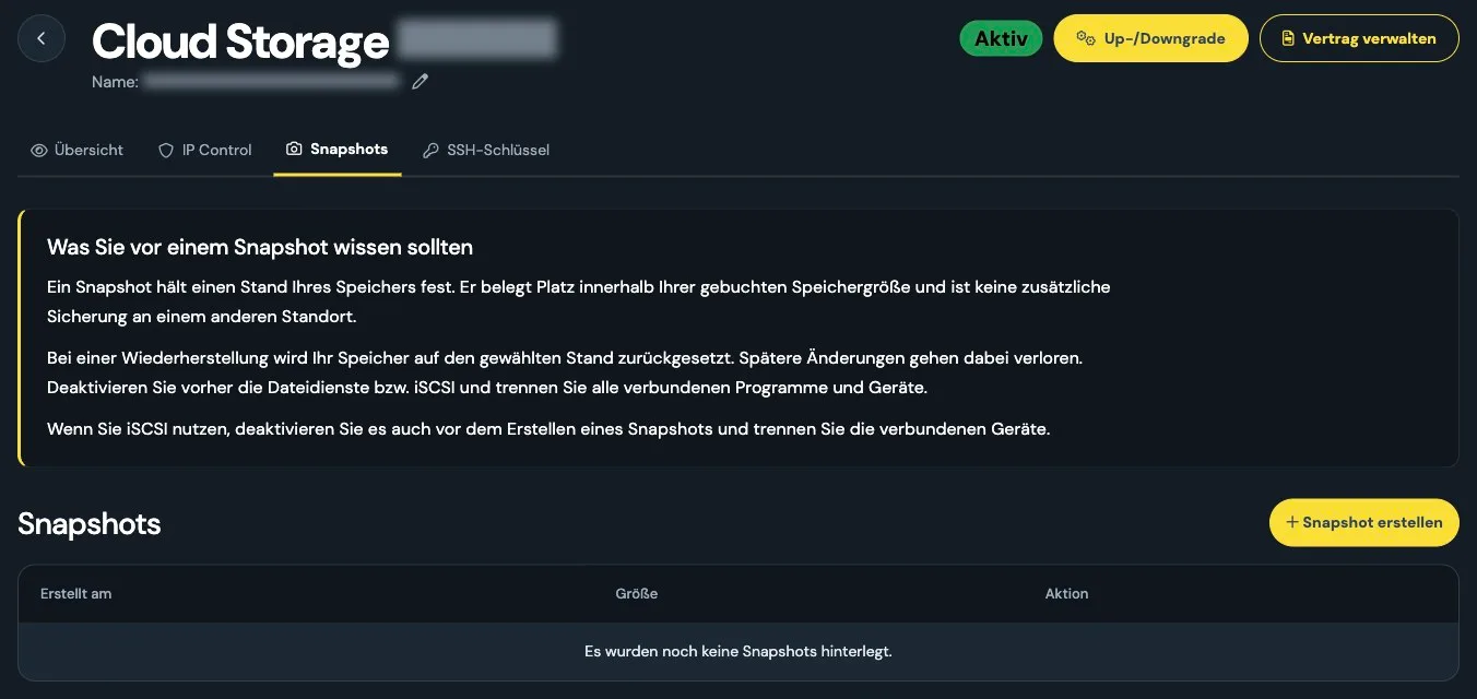 Snapshot management with a create button and restore guidance