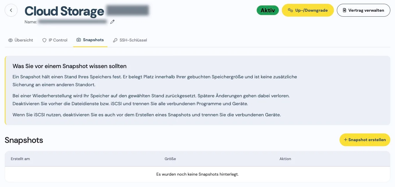 Snapshot management with a create button and restore guidance