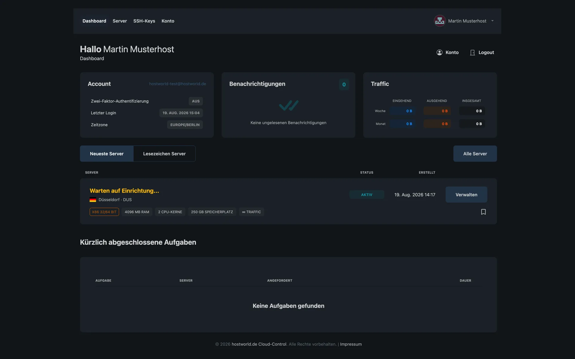 Overview page of Server Management with account details, network traffic, and a server list with status and specs