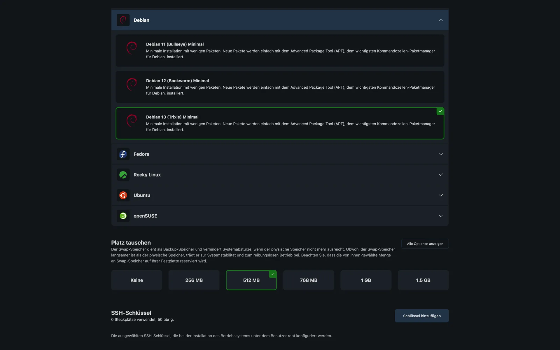 Selection of Debian versions 11, 12, and 13 with descriptions, below that the swap setting and the section for SSH keys