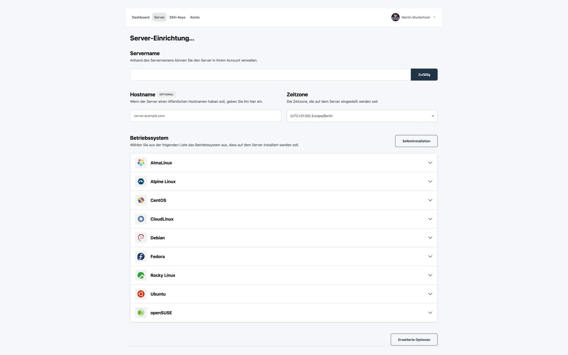 Setup page of a Storage Server with fields for server name, hostname, and time zone, plus the list of Linux distributions