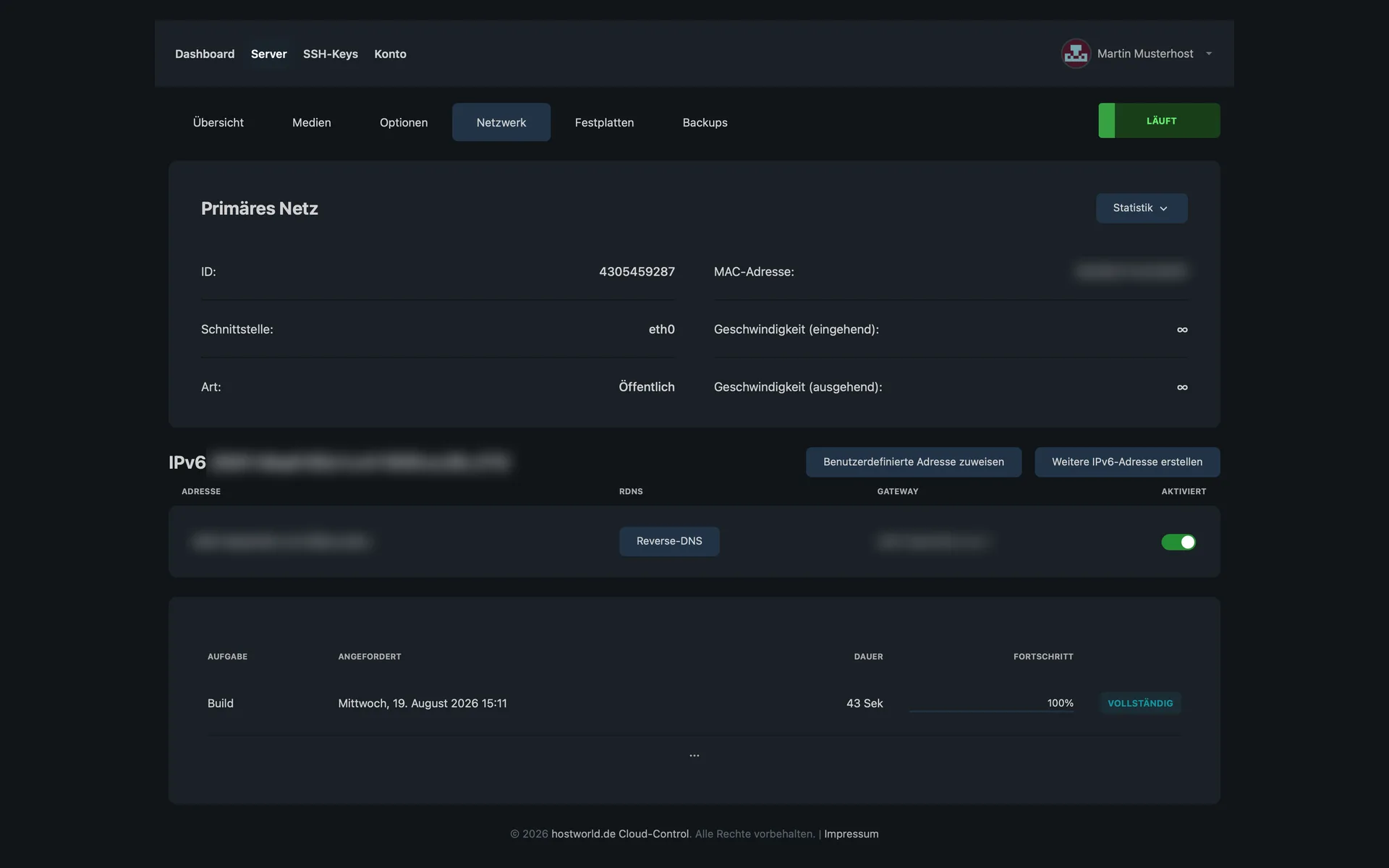 “Netzwerk” (network) tab with the details of the primary network, the IPv6 subnet, and the button for reverse DNS