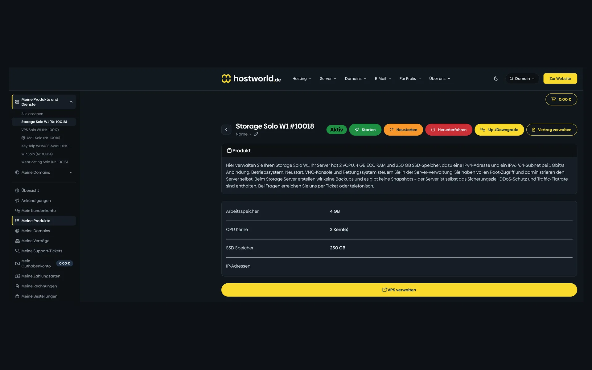 Product page of a Storage Server in the Customer Menu with memory, CPU cores, SSD storage, and the buttons for starting, restarting, and managing