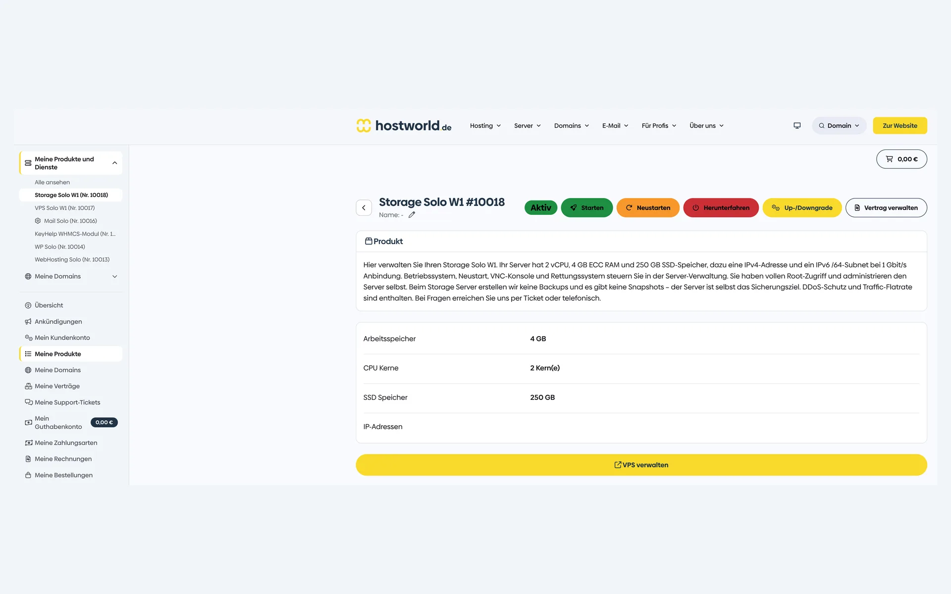Product page of a Storage Server in the Customer Menu with memory, CPU cores, SSD storage, and the buttons for starting, restarting, and managing