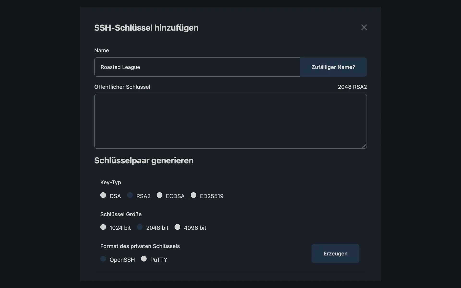 “SSH-Schlüssel hinzufügen” (add SSH key) dialog with a field for the public key and a generator for key pairs with key type, key size, and format