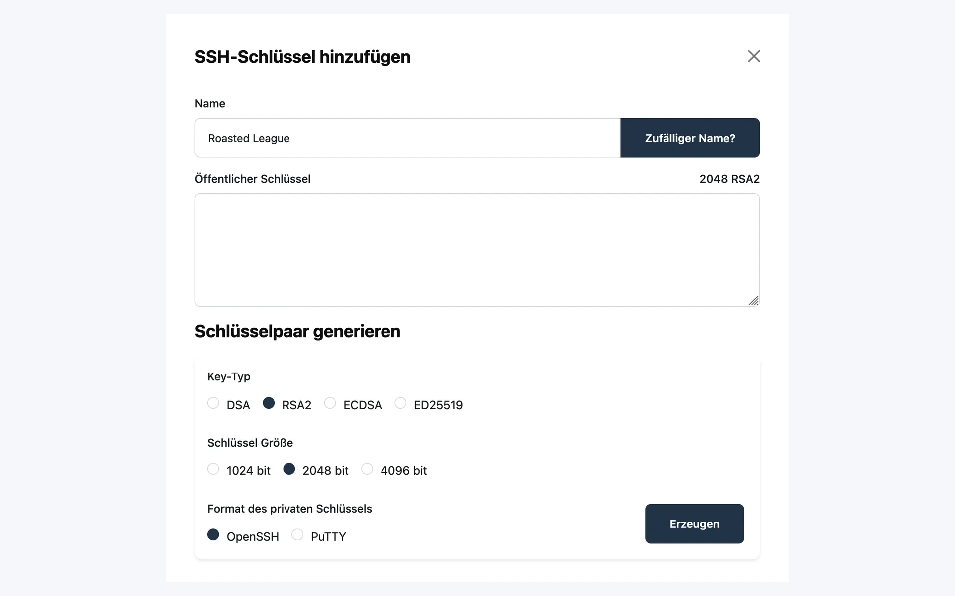 “SSH-Schlüssel hinzufügen” (add SSH key) dialog with a field for the public key and a generator for key pairs with key type, key size, and format