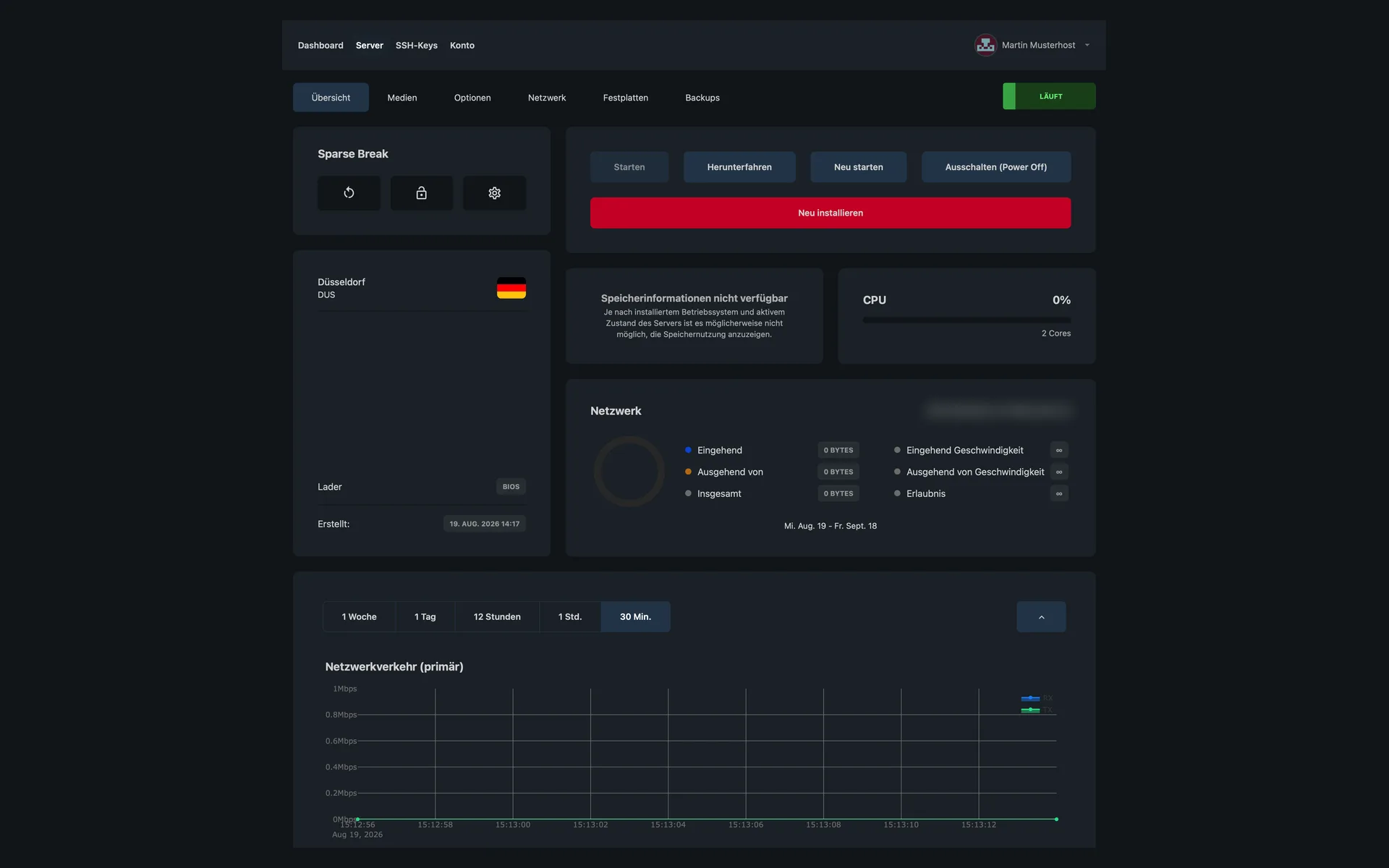Overview of a Storage Server with the location Düsseldorf, CPU load, network data, and a chart of the network traffic