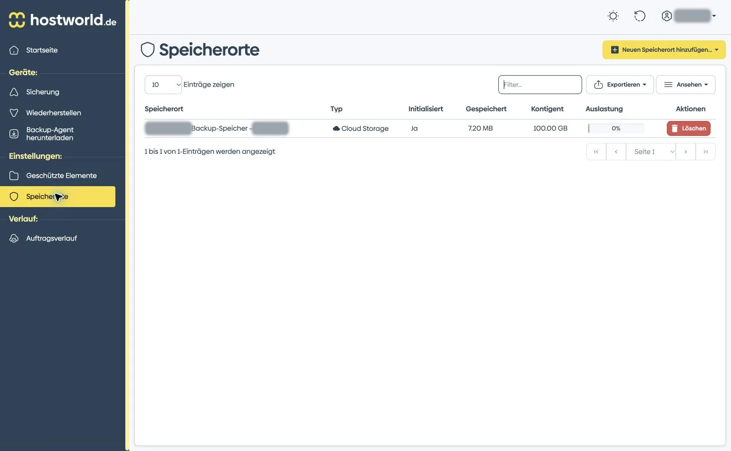 Backup-Speicherübersicht mit Kontingent und Auslastung sowie anonymisiertem Speichernamen