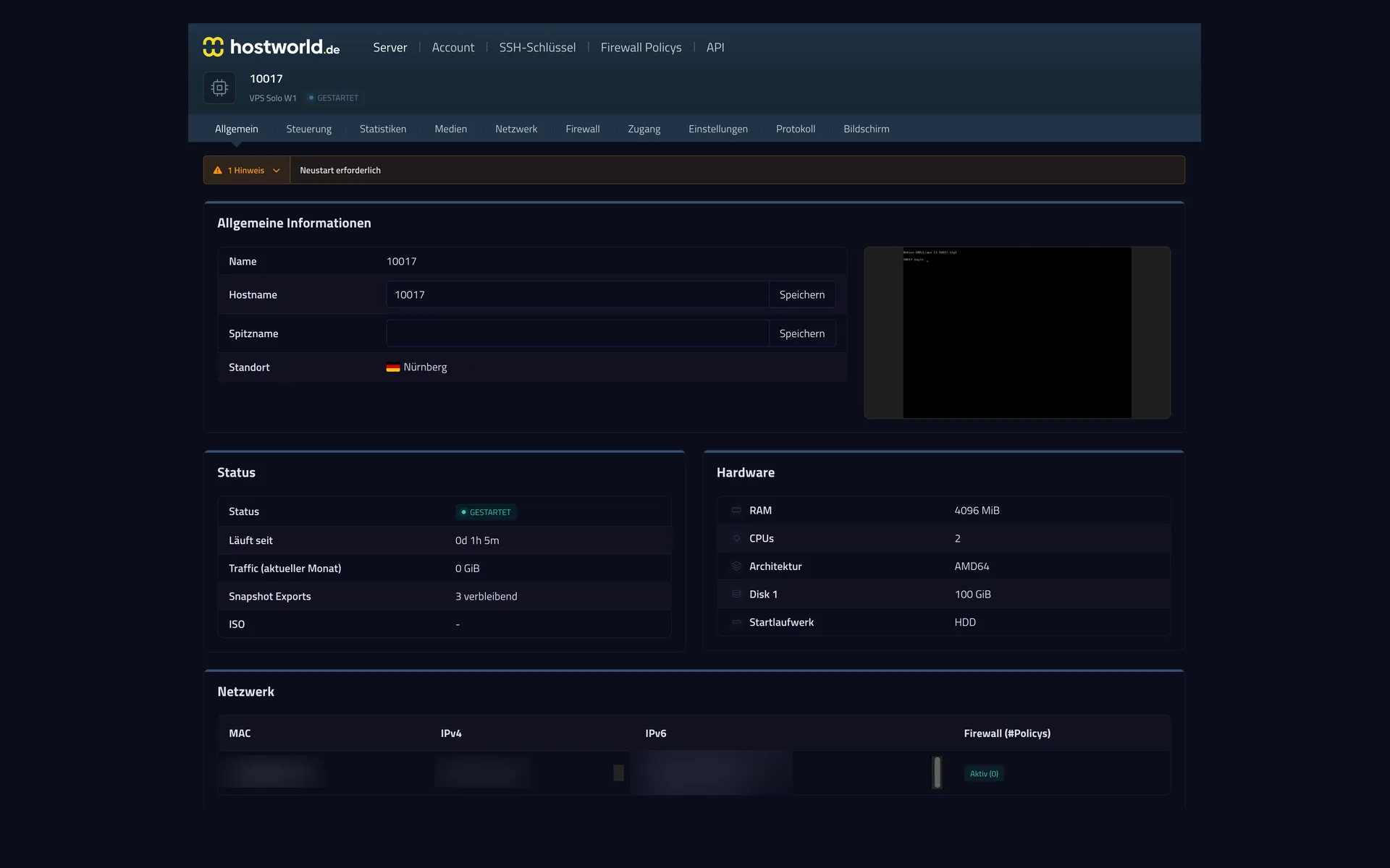 Detail view of a server in the Server Control Panel with a screen preview, status, hardware data, and network details