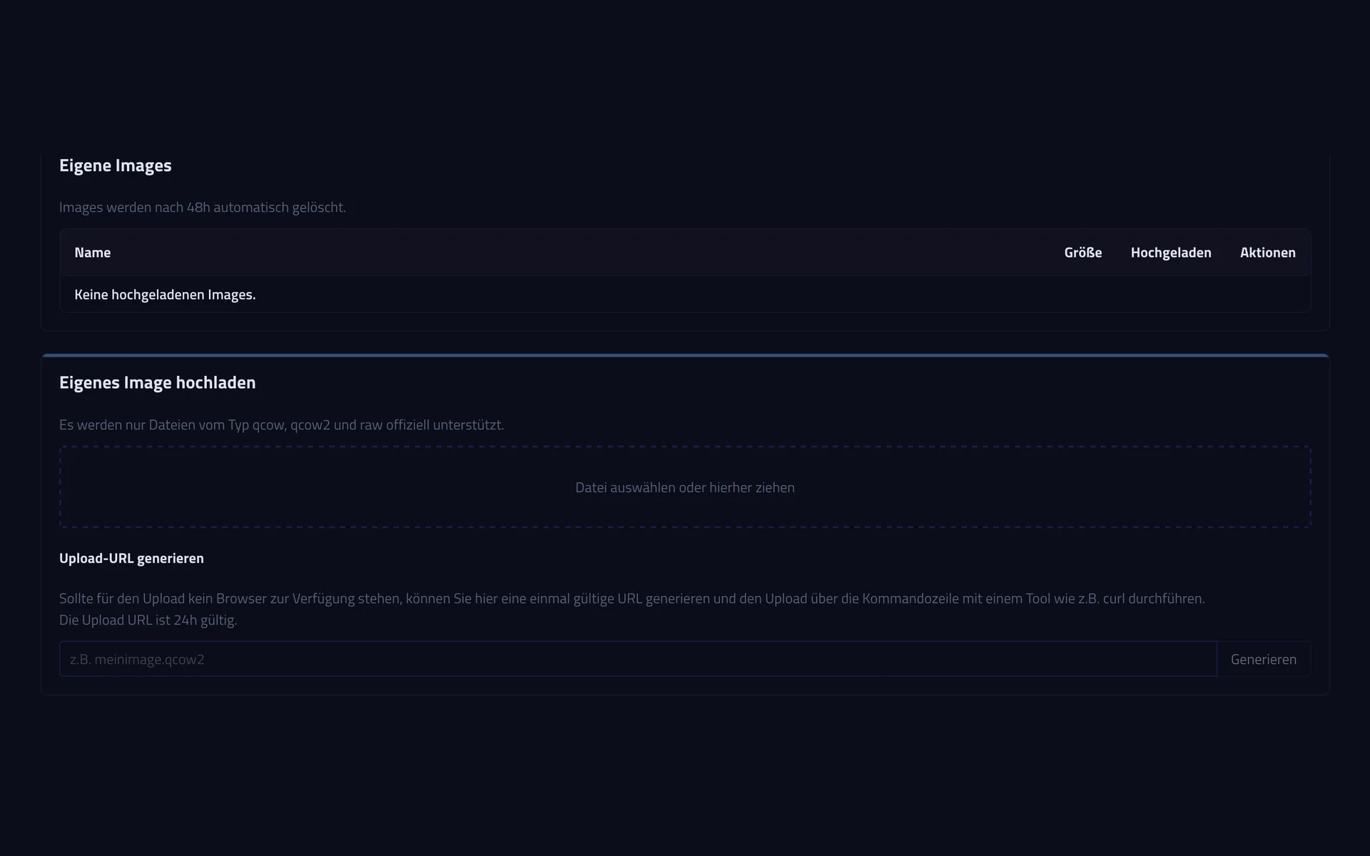 Section for custom images in the Server Control Panel with an upload field and the option to generate an upload URL for the command line