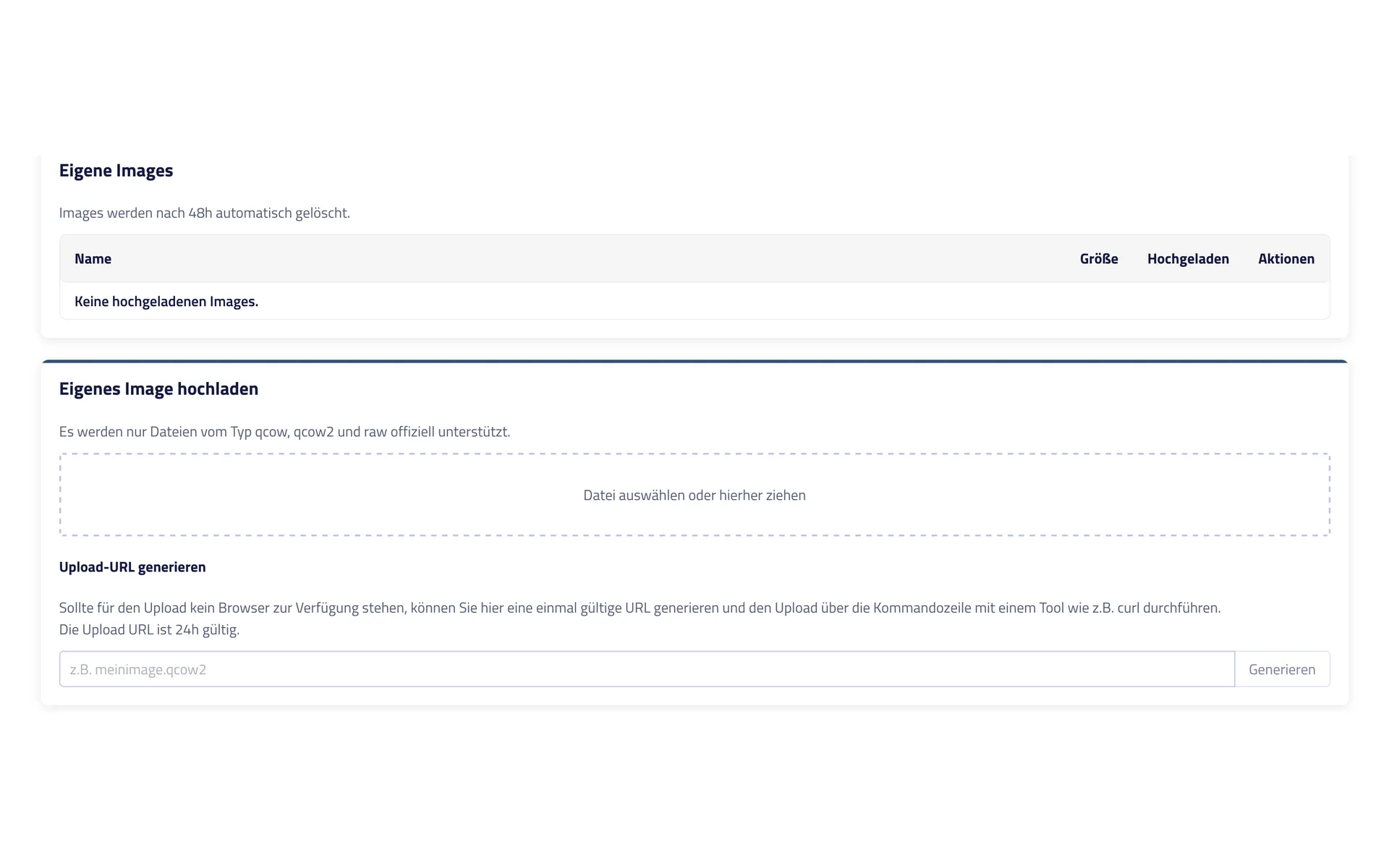 Section for custom images in the Server Control Panel with an upload field and the option to generate an upload URL for the command line