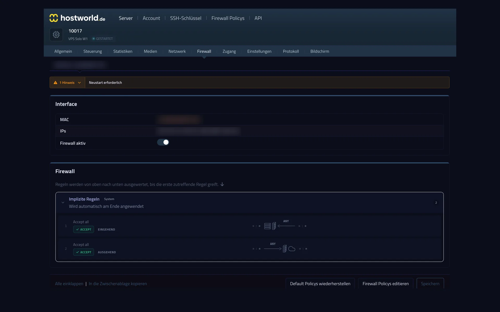 Firewall-Einstellungen im Server Control Panel mit Schalter für die Firewall und den Regeln der zugewiesenen Policy