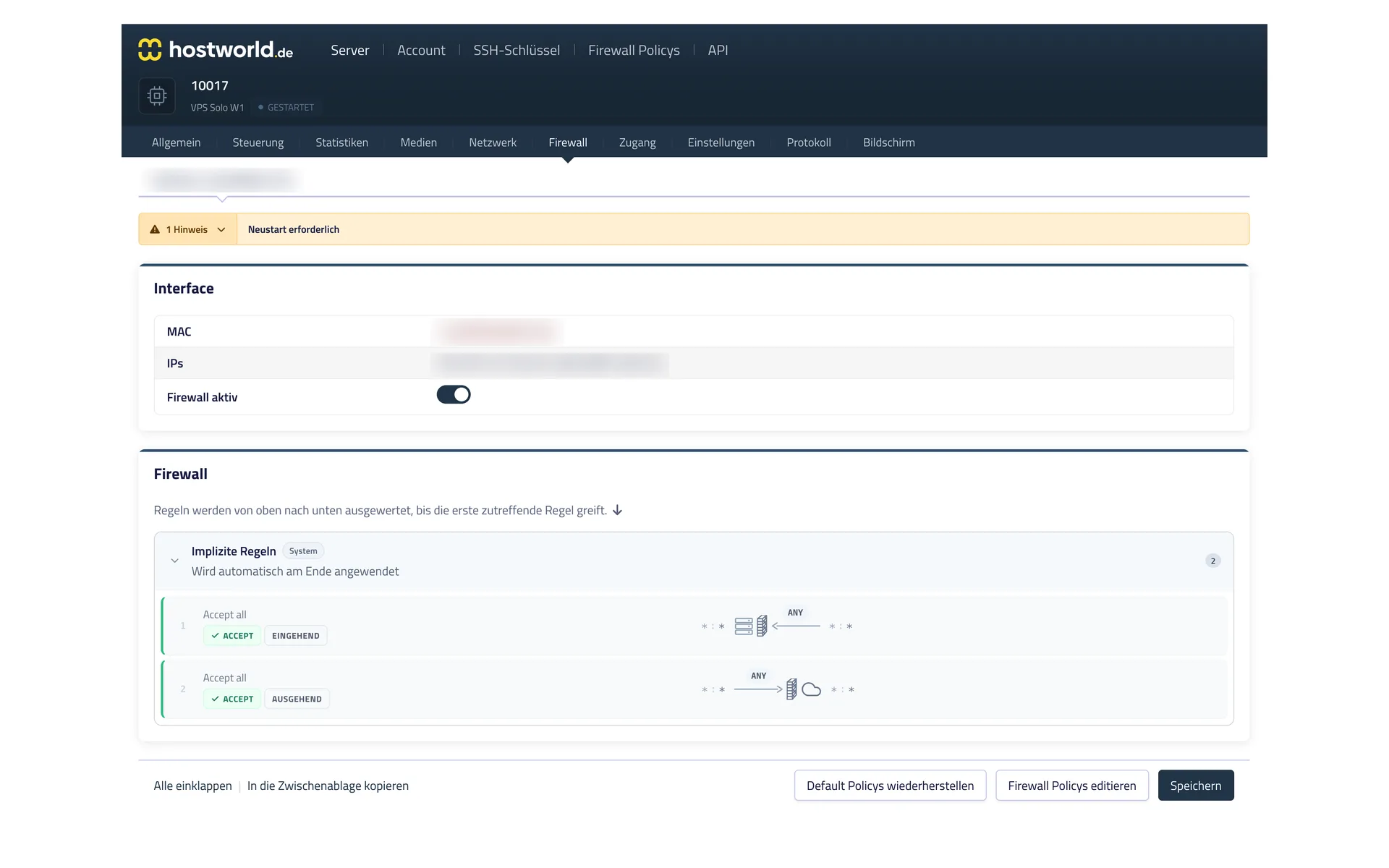 Firewall-Einstellungen im Server Control Panel mit Schalter für die Firewall und den Regeln der zugewiesenen Policy