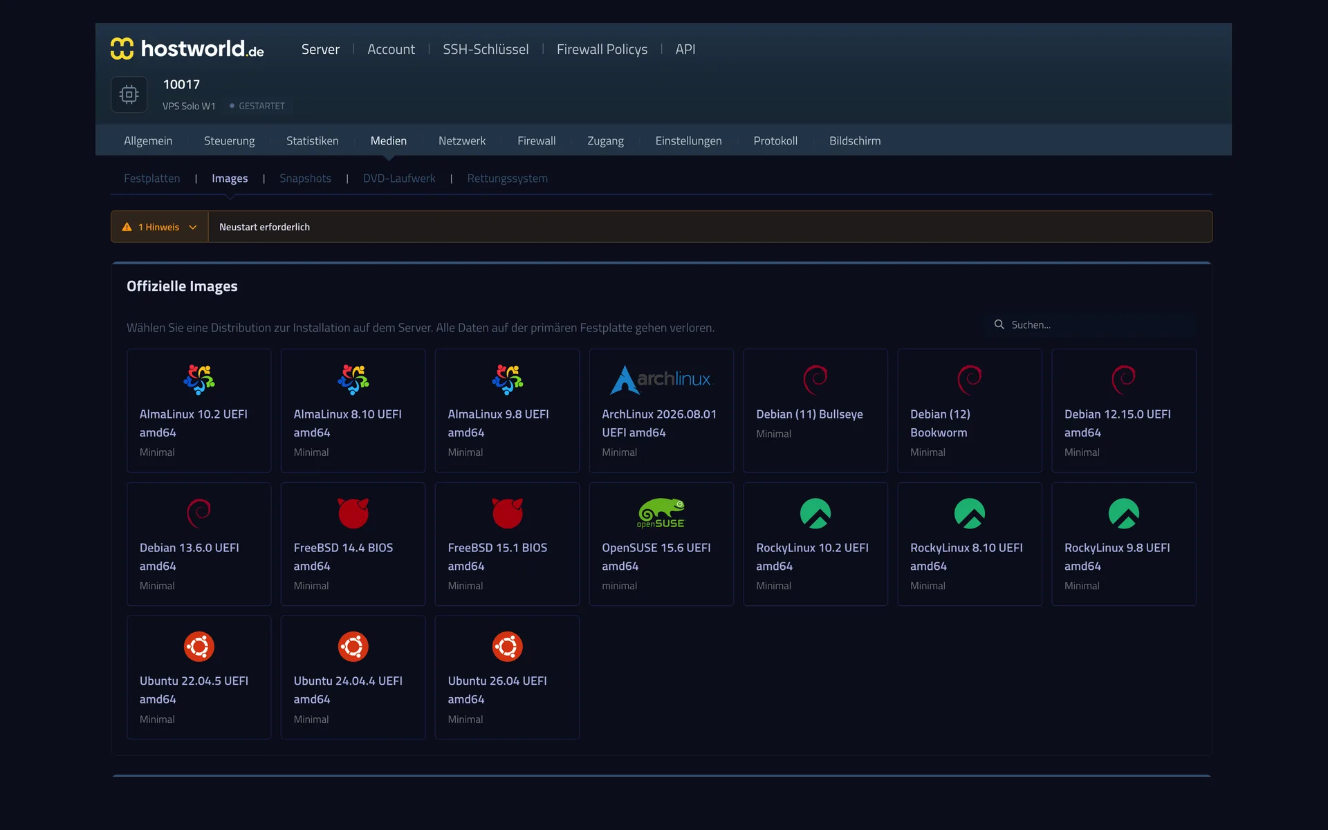 Auswahl offizieller Betriebssystem-Images im Server Control Panel mit AlmaLinux, Arch Linux, Debian, FreeBSD, OpenSUSE, Rocky Linux und Ubuntu