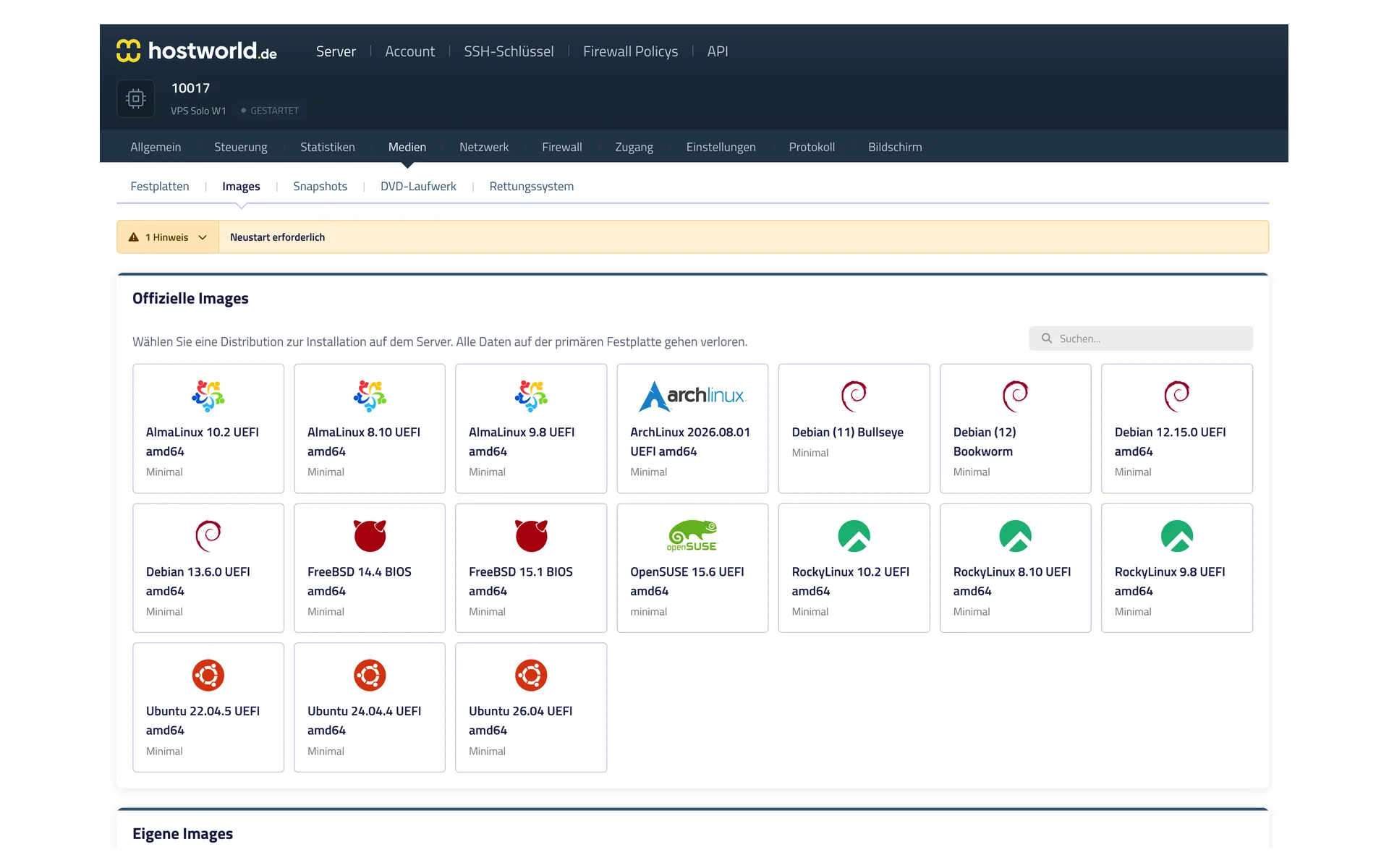 Auswahl offizieller Betriebssystem-Images im Server Control Panel mit AlmaLinux, Arch Linux, Debian, FreeBSD, OpenSUSE, Rocky Linux und Ubuntu