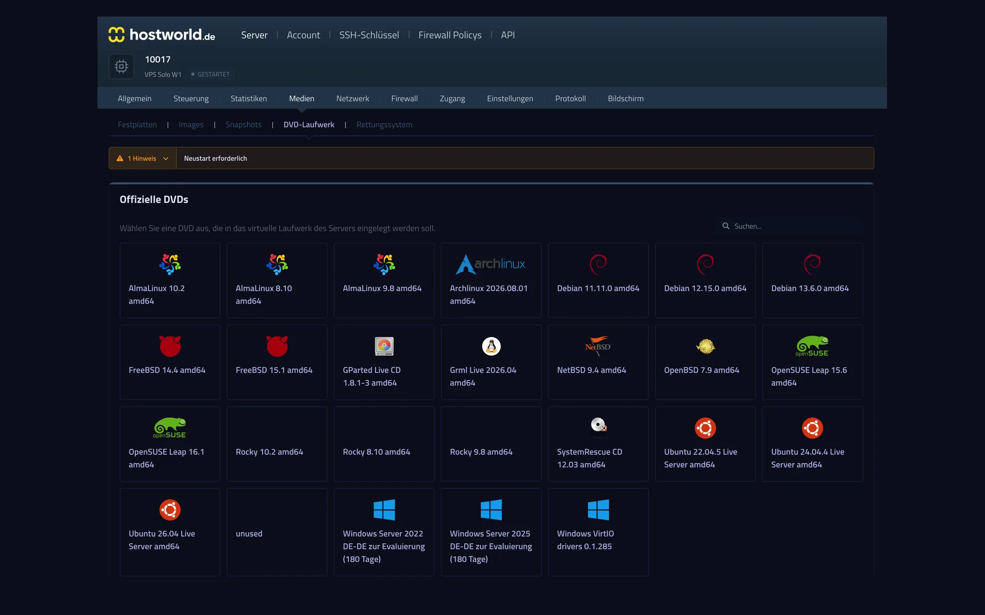 Selection of official ISO images in the Server Control Panel, including Linux distributions, GParted, SystemRescue, and Windows Server 2022 and 2025 for evaluation